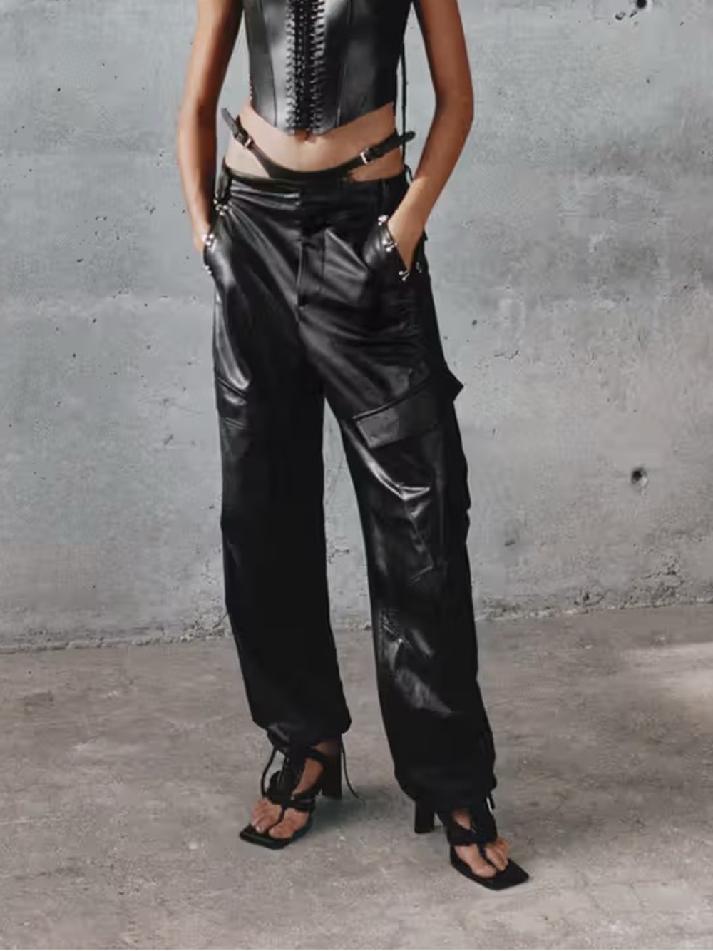 Dion Lee Lamb Leather Cinch Ankle Wide Leg Cargo Pants